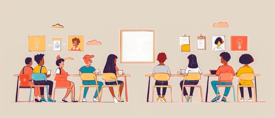Illustrations with group of children sitting in classroom