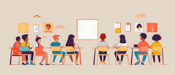 Obraz premium Illustrations with group of children sitting in classroom