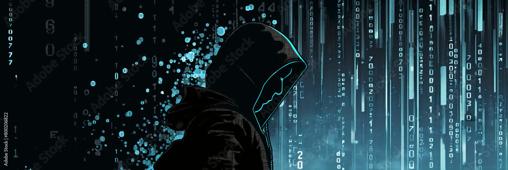 Poster a cybersecurity concept art showing a hooded figure with a digital code matrix background, represent