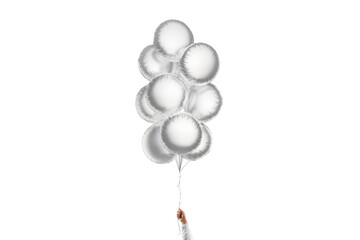 Hand holding blank silver round balloon bouquet mockup, isolated