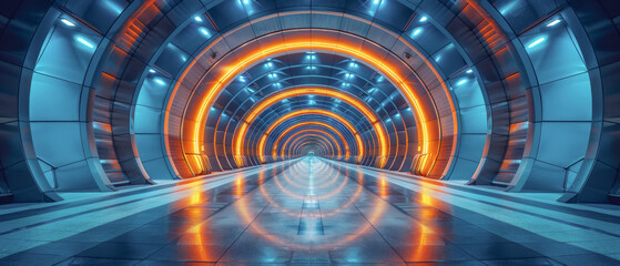 A large, empty, and brightly lit tunnel with orange lights, reflective surface