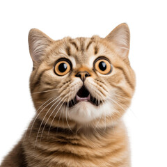 A cute cat looking at the camera with wide open eyes and mouth