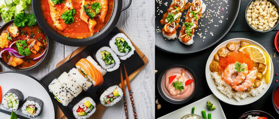 Top view plate of sushi and other Asian food displayed on table, colorful and appetizing