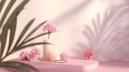3D podium display, pastel pink background with carnations flowers. and palm leaf shadow. Minimal pedestal for beauty,cosmetic product