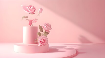 3D podium display, pastel pink background with rose flowers. Gifts and shadow