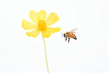 A closeup of a bee midpollination, with pollen visibly coating its legs, captured against a stark white background to focus on the critical ecological process. cartoon drawing, water color style,