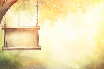 A rustic wooden swing hanging from a strong tree branch, overlooking a lush garden, capturing a moment of joy and relaxation in a serene outdoor setting. cartoon drawing, water color style,
