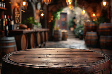 weathered wooden barrel in a dimly lit bar with ambient lights and blurred background - obrazy, fototapety, plakaty