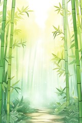 A tranquil scene of a bamboo forest, with tall, straight stalks reaching skyward and light filtering through the dense greenery, evoking a sense of peace and natural beauty. cartoon drawing, water col