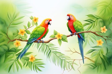 A vivid portrait of a pair of parrots perched on a tropical branch, their bright feathers in stark contrast against the lush greenery of a dense rainforest. cartoon drawing, water color style.