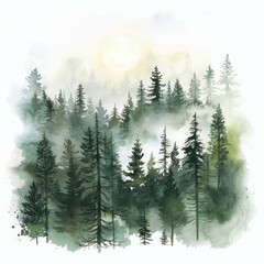 Watercolor illustration of a misty forest at dawn the air fresh and invigorating