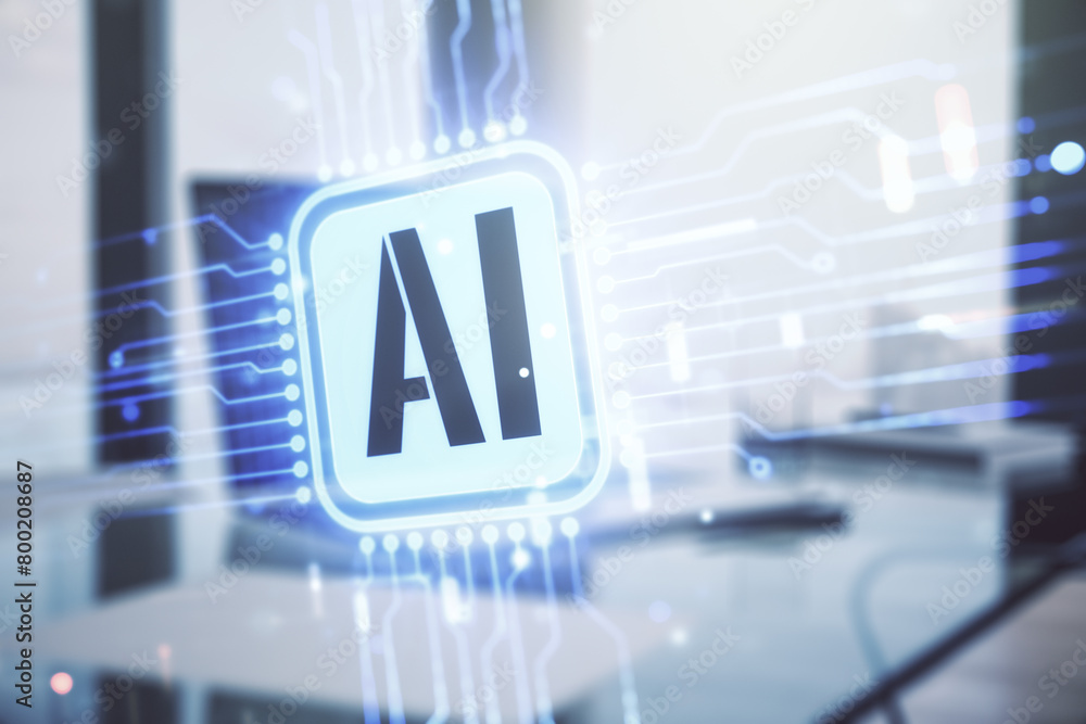 Fototapete double exposure of creative artificial intelligence icon with modern laptop on background. neural ne