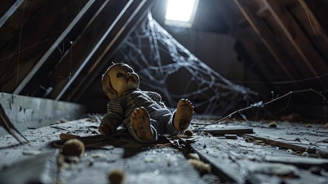 Dismembered Porcelain Doll Parts Scattered on a Dusty Attic Floor in Moonlight A Haunting Halloween Aesthetic