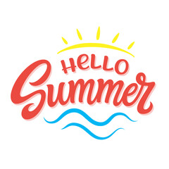Hello Summer. Hand lettering text with sun and waves isolated on white background. Vector  typography text for t shirt designs, posters, cards, banners, mugs