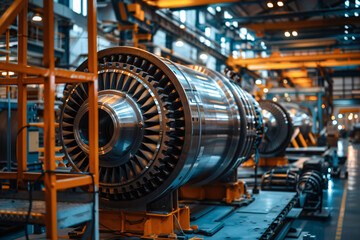 Detailed view of a large turbine engine under construction in an industrial factory setting with blue lighting
