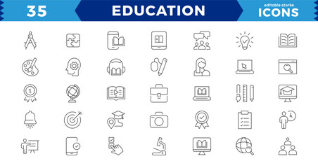 Education Line pixel Perfect Icons set.modern thin line style of school icons: school subjects, supplies, science, and online learning. Isolated on white editable stroke icons.