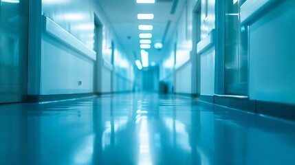 Abstract Defocused Blurred Technology Space Background of Empty Business Corridor or Shopping Mall with Modern Laboratory in Medical and Hospital Corridor