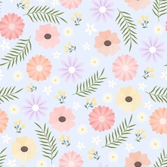 Seamless Pattern of Flat Floral Vector on Blue Background