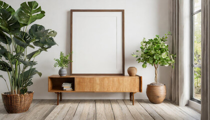 blank frame mockup on white wall living room with wooden sideboard with green plant