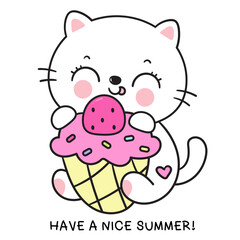 cat summer cartoon with ice cream cone kawaii kitten yummy food