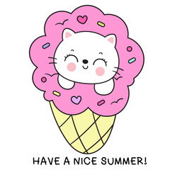 cat summer cartoon with ice cream cone kawaii kitten