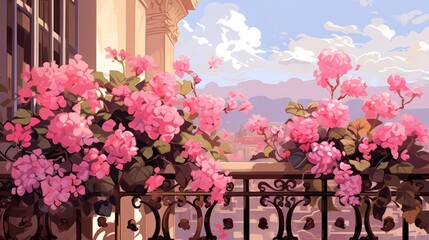 Beautiful geraniums on a balcony art painting.