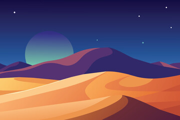 Desert Landscape with Sand Dunes and Cool Gradient Starry Sky. Scenic Modern vector Wallpaper