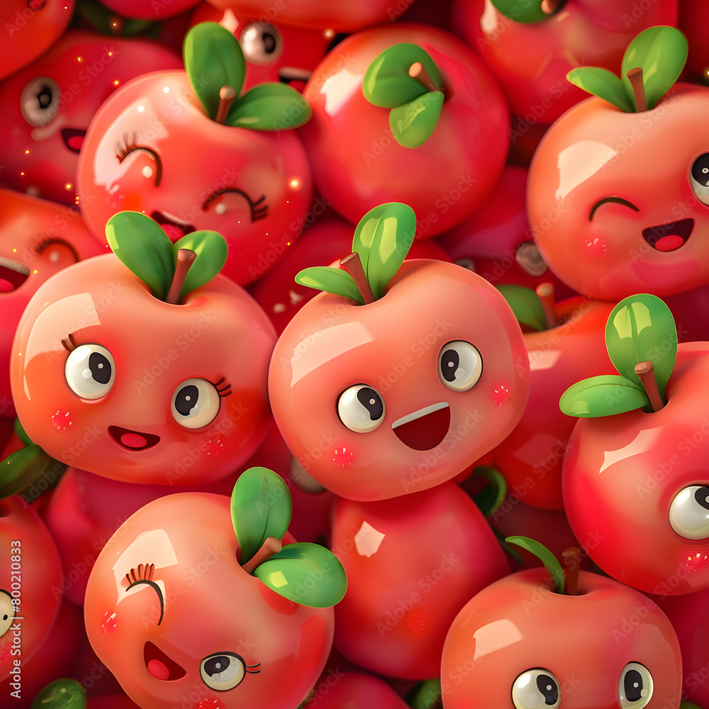 Aufkleber a bunch of cartoon apples with smiling faces and green leaves. the apples are arranged in a pattern 