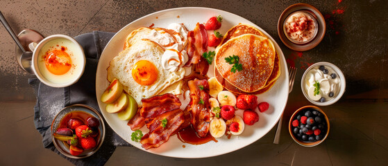 A top view plate of breakfast food with bacon, eggs, and fruit