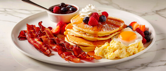 Selected brunch dish, fluffy pancakes, crispy bacon, scrambled eggs and seasonal fruit