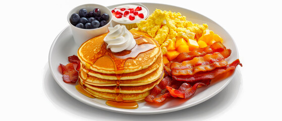 Brunch dish, fluffy pancakes, crispy bacon, scrambled eggs and seasonal fruit