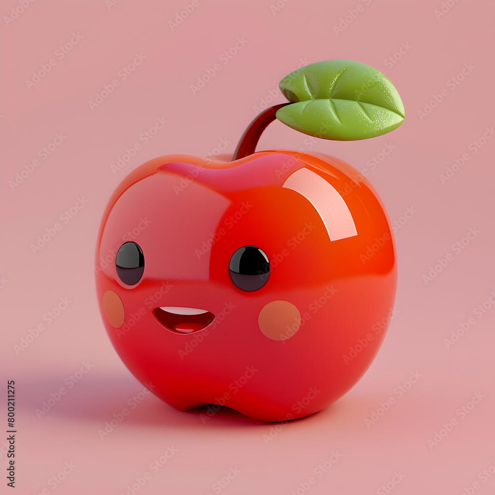 Aufkleber a cartoon apple with a green leaf on top. the apple is smiling and has a happy expression. generativ