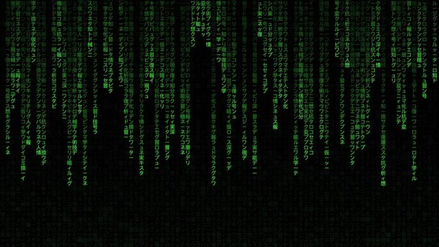 Japanese character. Green code on black background. Moving digits on screen. Digital age concept. Algorithm, data, decryption and encoding, row matrix, future, animation 4k. Computer graphic motion.