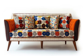 A retro-style sofa with geometric patterns and tapered legs - obrazy, fototapety, plakaty