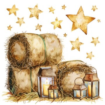 recommend clip art: A watercolor clipart of a barn dance with lanterns and bales of hay festive night under the stars