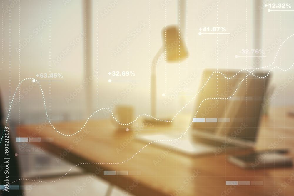 Poster double exposure of abstract creative statistics data hologram on laptop background, statistics and a
