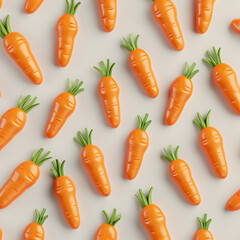 A close up of many orange carrots with green leaves. The carrots are arranged in a pattern, with some overlapping and others standing alone. Scene is cheerful and playful. Generative AI
