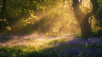 A serene morning in an ancient deciduous forest sunlight filtering through a dense canopy onto a carpet of bluebells