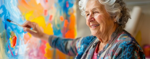portrait illustration of  a senior woman painting in an art lab hobby concept in elderly age