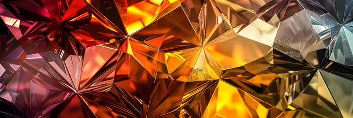 A high-definition abstract photo of interlocking diamonds in sunset hues ranging from golden yellow to rich red, captured with professional camera techniques