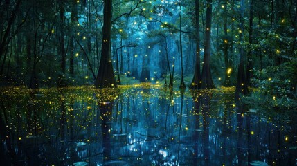 A firefly-lit night in a southern swamp forest the trees reflected in still waters