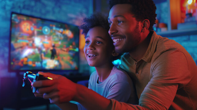 A cheerful father and child enthusiastically play video games together, highlighting family bonding and entertainment - Powered by Adobe