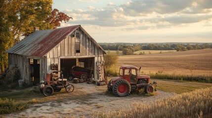 Obraz premium An outdoor farmhouse scene featuring a barn-style garage and workshop surrounded by vintage farm tools and a classic tractor