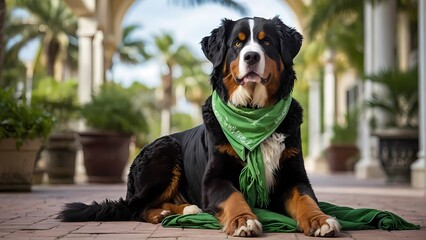 Tricolor Bernese Mountain Dog sitting, looking at camera and panting isolated on white
