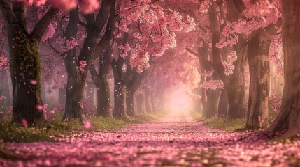 An enchanted forest path lined with flowering cherry trees in full bloom petals gently falling as a soft breeze passes