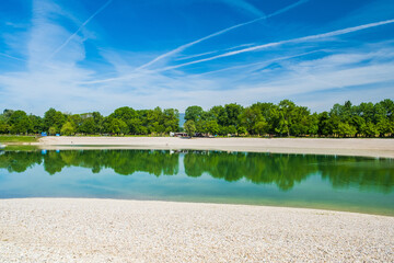 Spring day on lake Bundek in park in Zagreb, Croatia - obrazy, fototapety, plakaty
