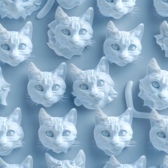 A collection of white cat faces are arranged in a pattern. The faces are all the same size and shape, and they are all looking in the same direction. Generative AI
