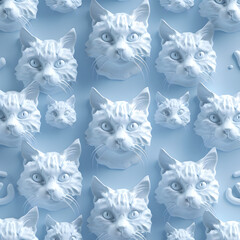 Fototapeta premium A collection of white cat faces are arranged in a pattern. The faces are all the same size and shape, and they are all looking in the same direction. Generative AI