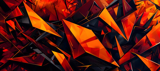 A high-definition composition of bold geometric shapes, including oversized rectangles and sharp triangles, colored in deep fiery red and bright orange, symbolizing passion