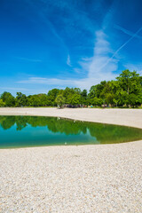 Spring day on lake Bundek in park in Zagreb, Croatia - obrazy, fototapety, plakaty